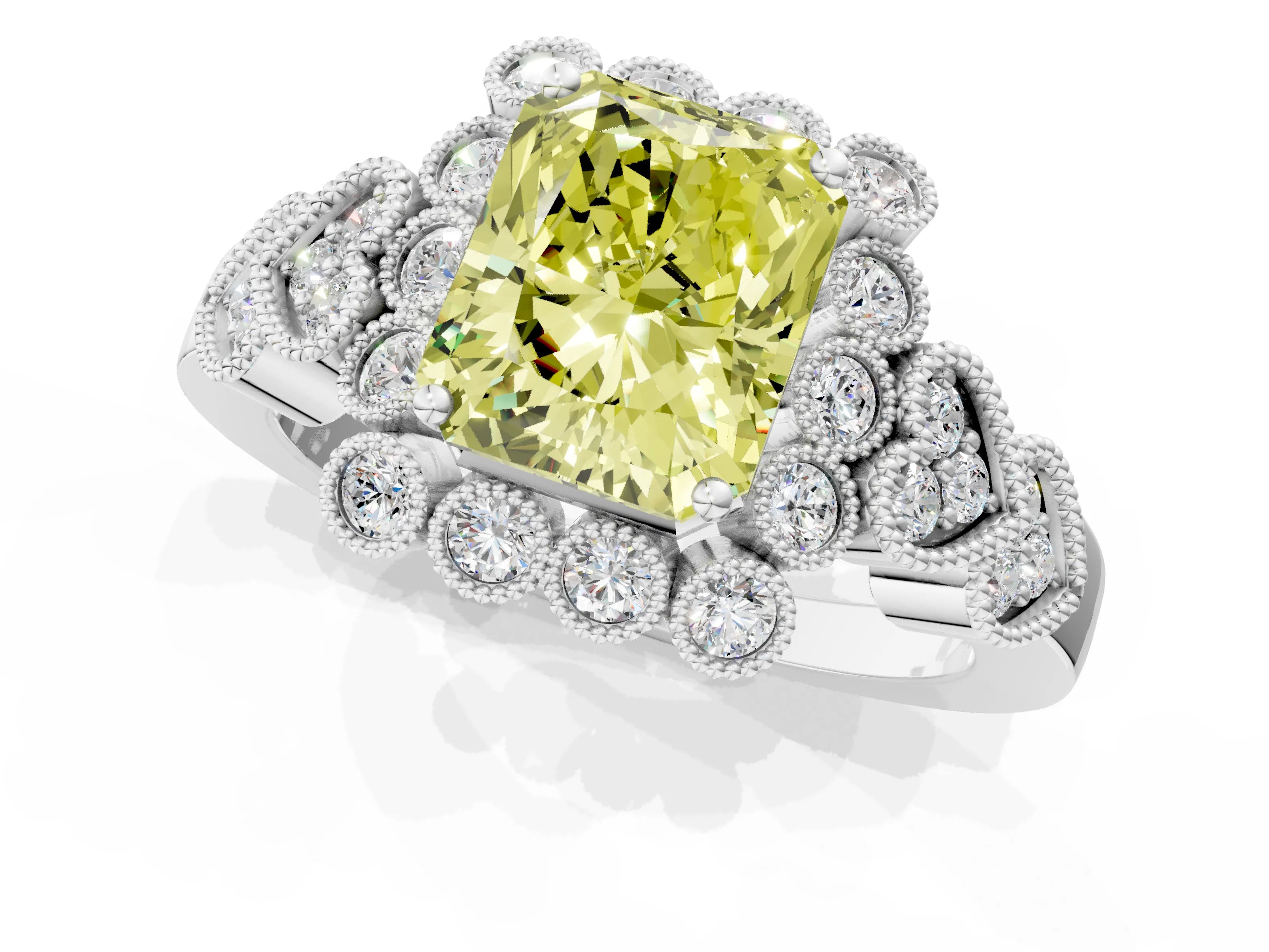 White gold Fancy Yellow Radiant Cut Brilliant Milgrain Pave Heart Band Solitaire Ring_1