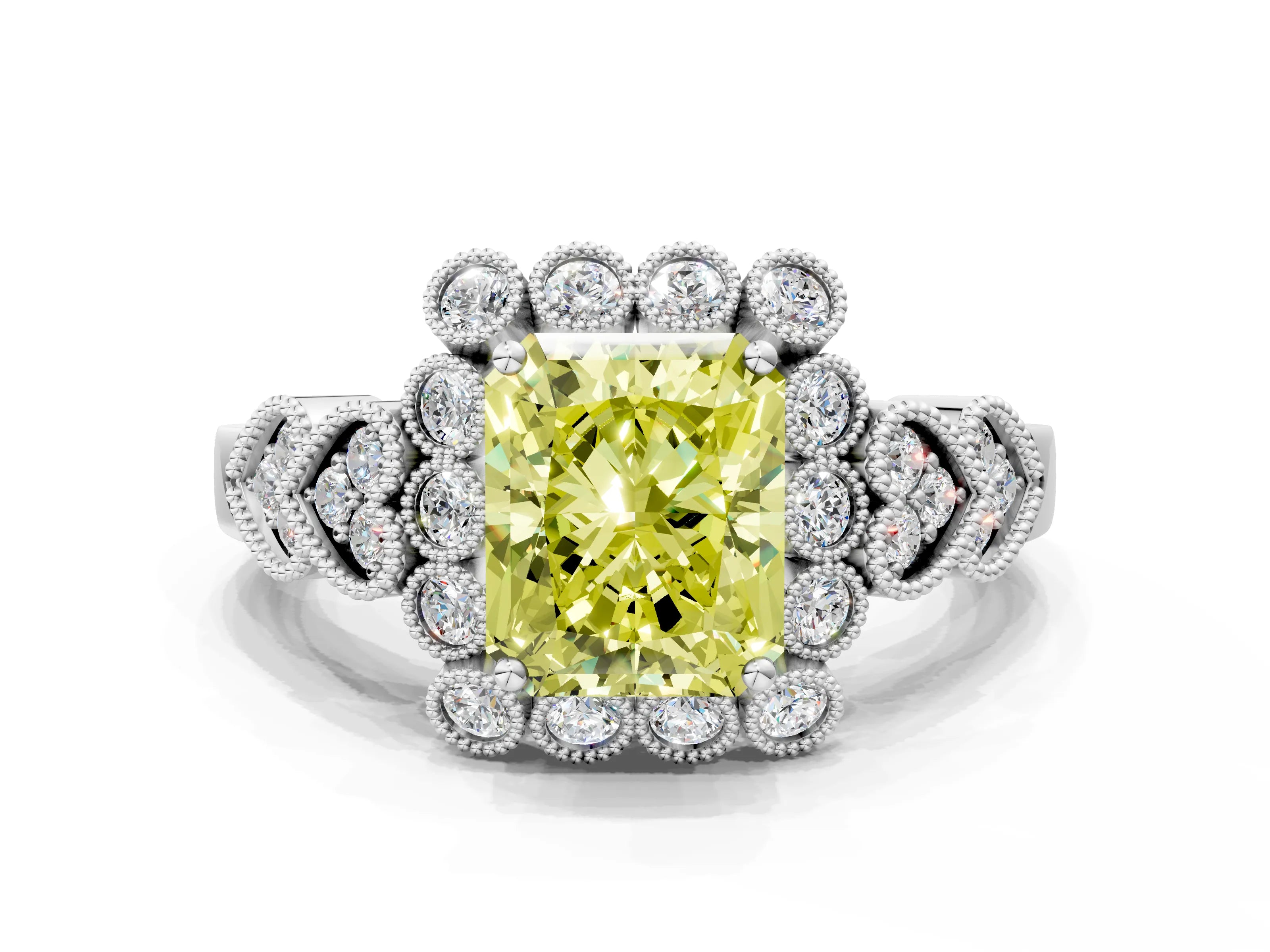 White gold Fancy Yellow Radiant Cut Brilliant Milgrain Pave Heart Band Solitaire Ring_12
