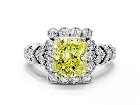 White gold Fancy Yellow Radiant Cut Brilliant Milgrain Pave Heart Band Solitaire Ring_12