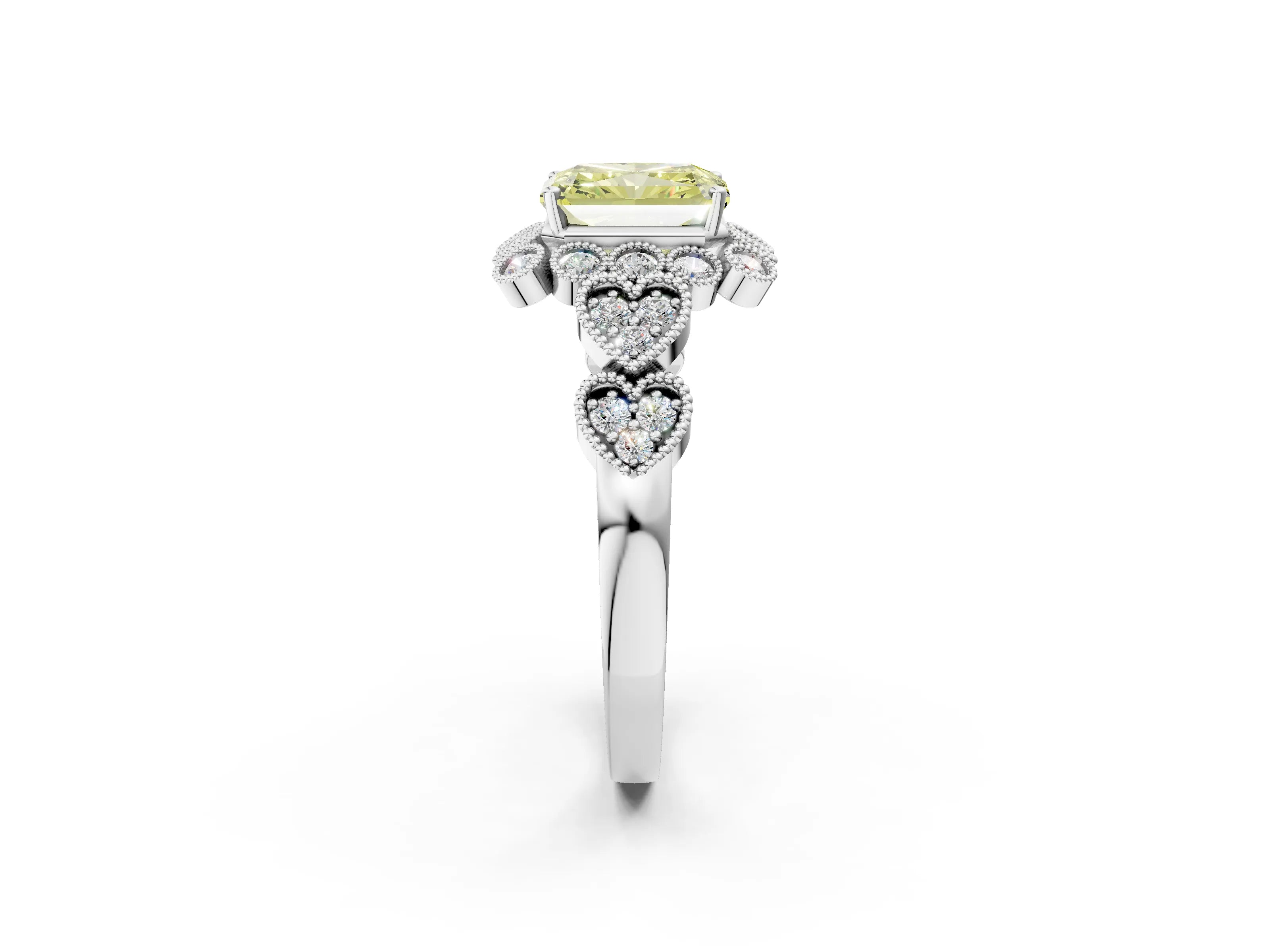 White gold Fancy Yellow Radiant Cut Brilliant Milgrain Pave Heart Band Solitaire Ring_14