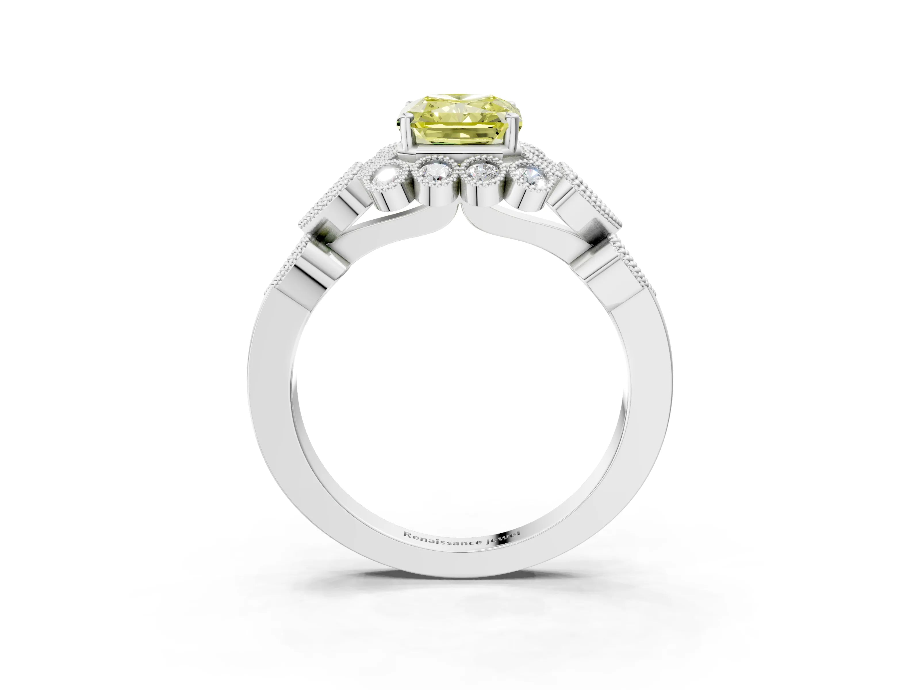 White gold Fancy Yellow Radiant Cut Brilliant Milgrain Pave Heart Band Solitaire Ring_15
