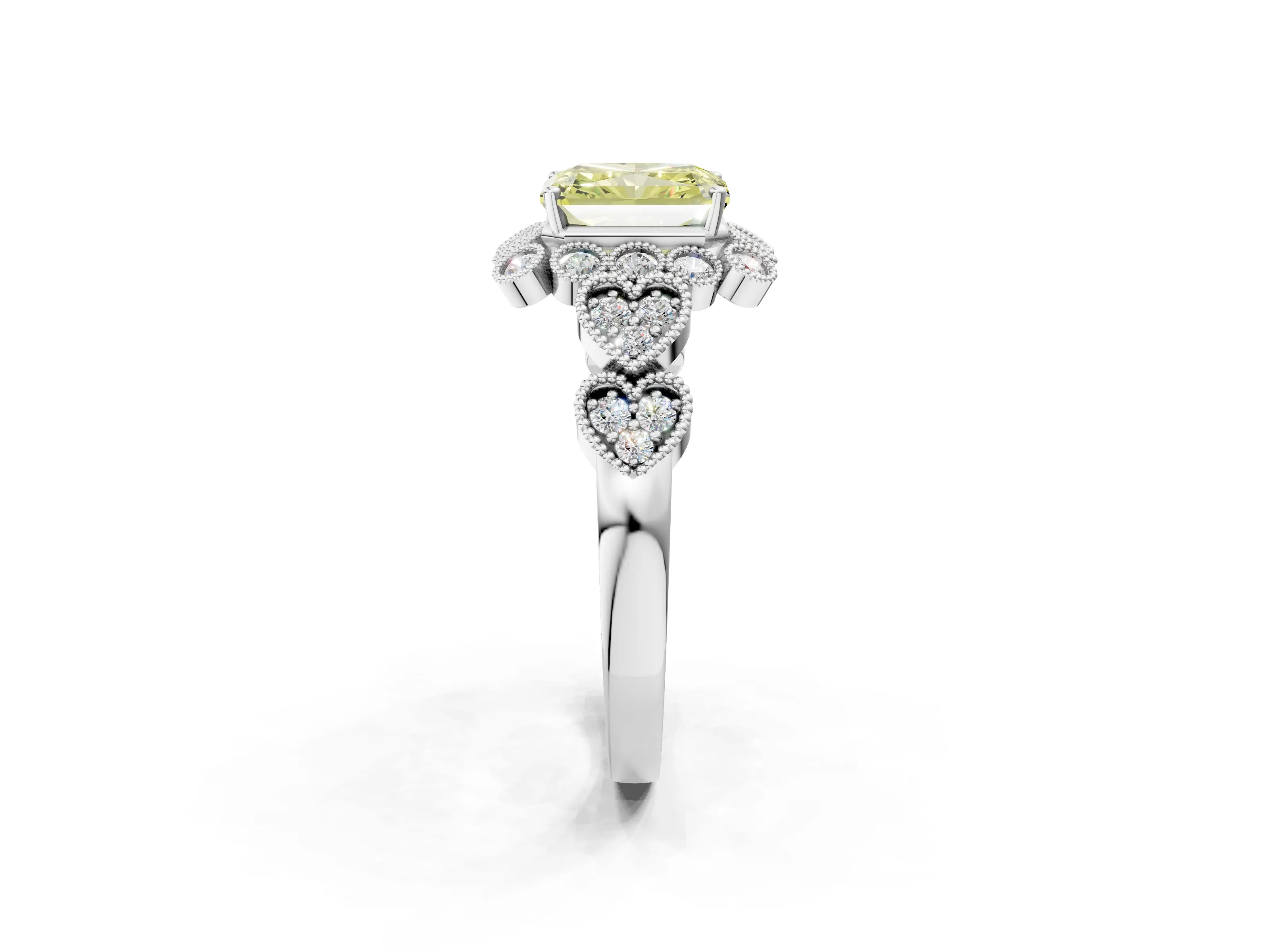 White gold Fancy Yellow Radiant Cut Brilliant Milgrain Pave Heart Band Solitaire Ring_2