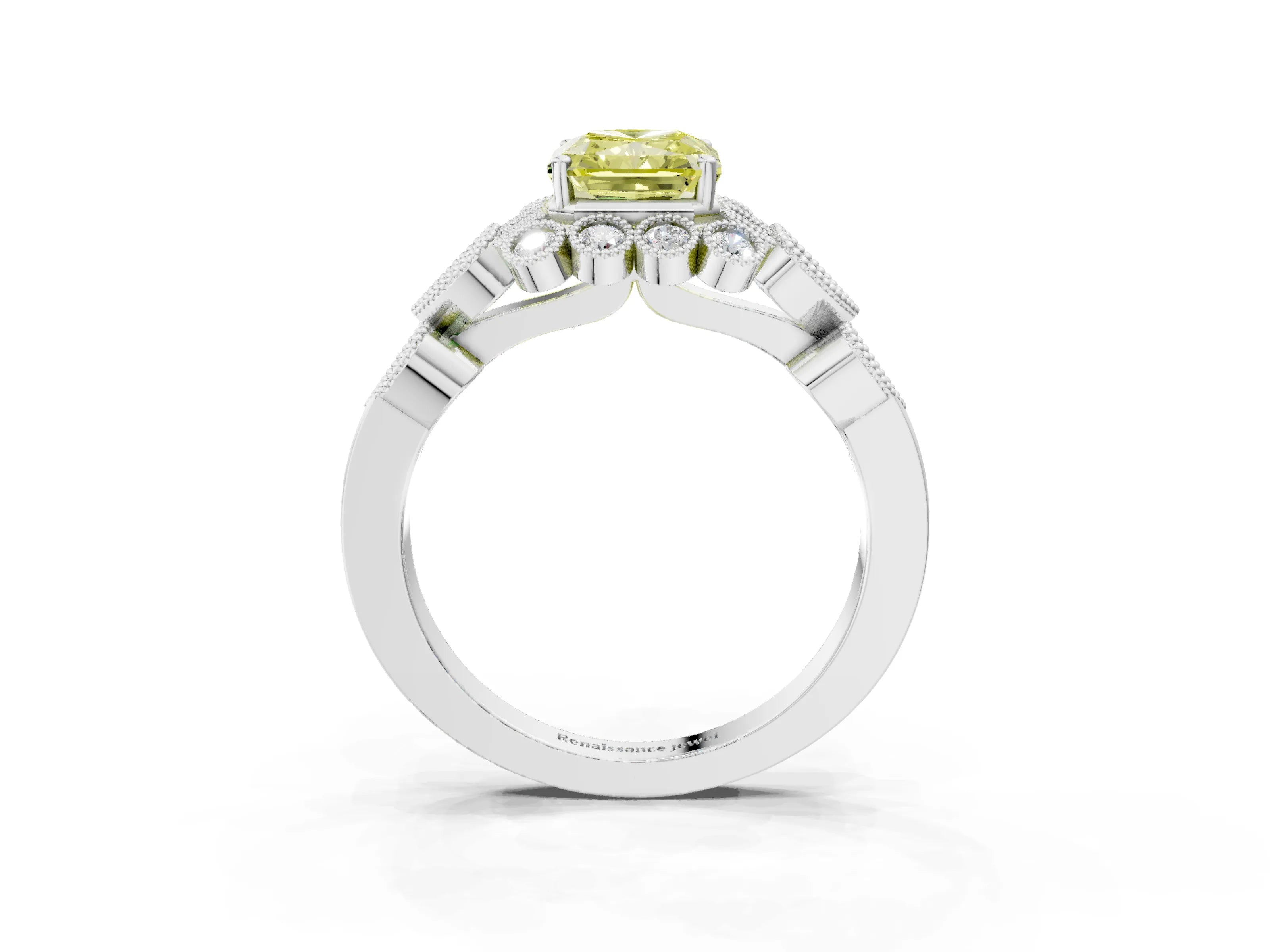 White gold Fancy Yellow Radiant Cut Brilliant Milgrain Pave Heart Band Solitaire Ring_3