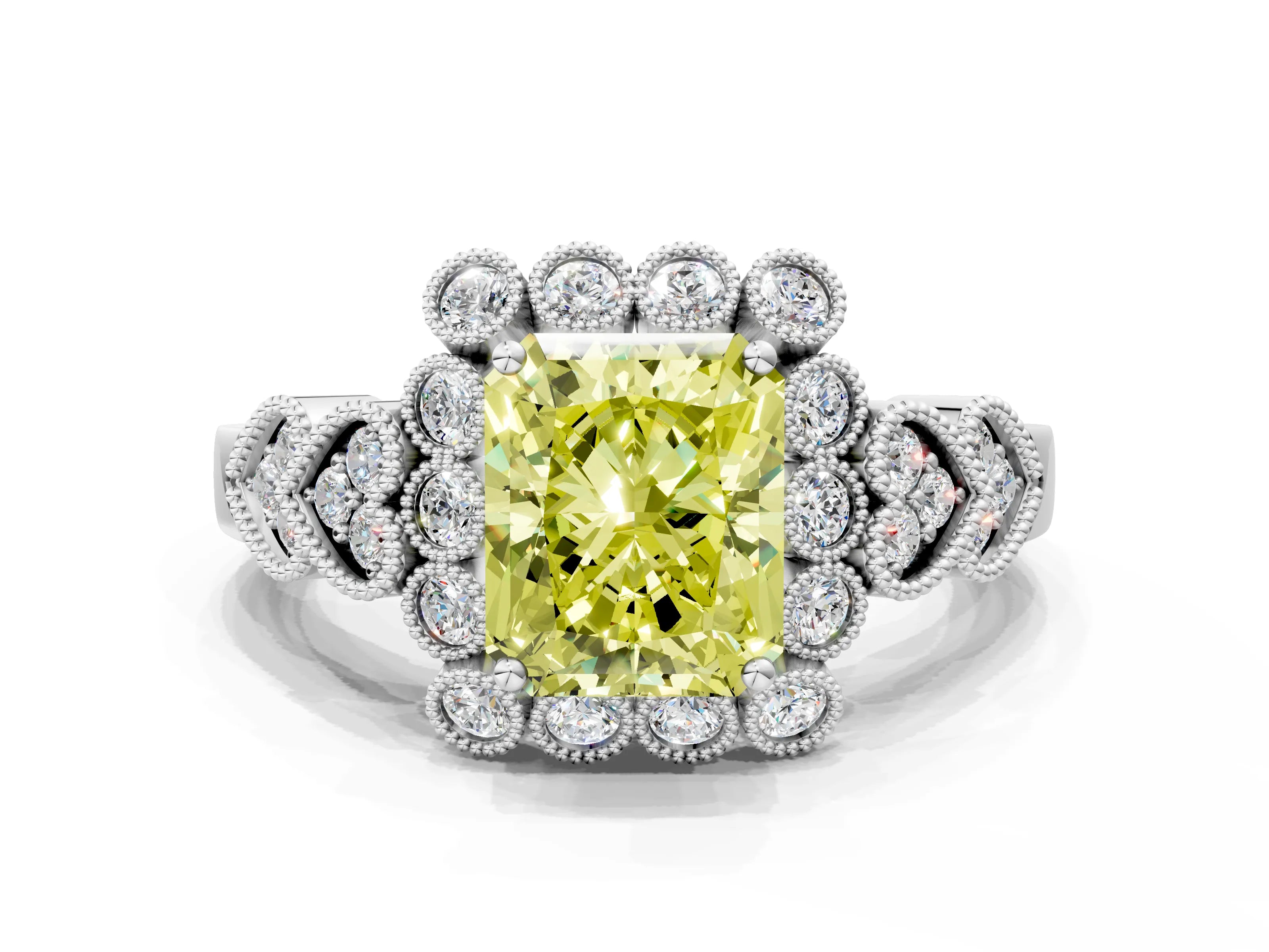 White gold Fancy Yellow Radiant Cut Brilliant Milgrain Pave Heart Band Solitaire Ring