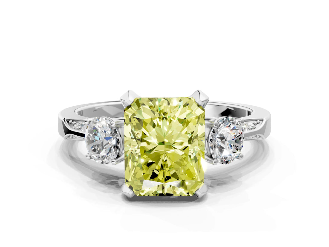 White gold Fancy Yellow Radiant Cut Brilliant Three-Stone Diamond Ring with Pavé Band and Four-Prong Setting_15