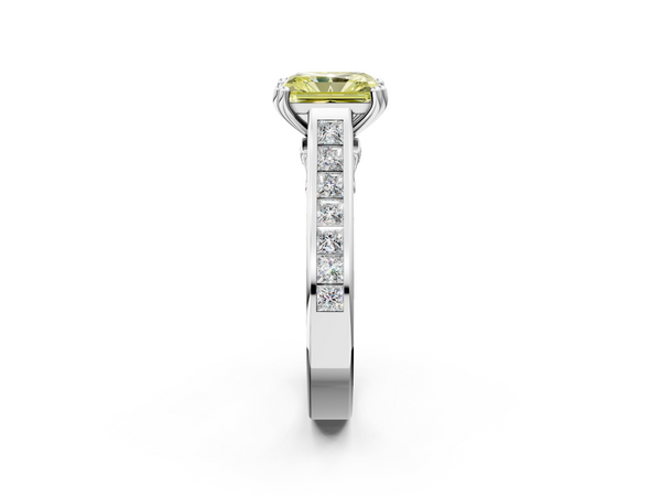 White gold Fancy Yellow Radiant  Cut Channel Set Solitaire Engagement Ring with Prong Setting