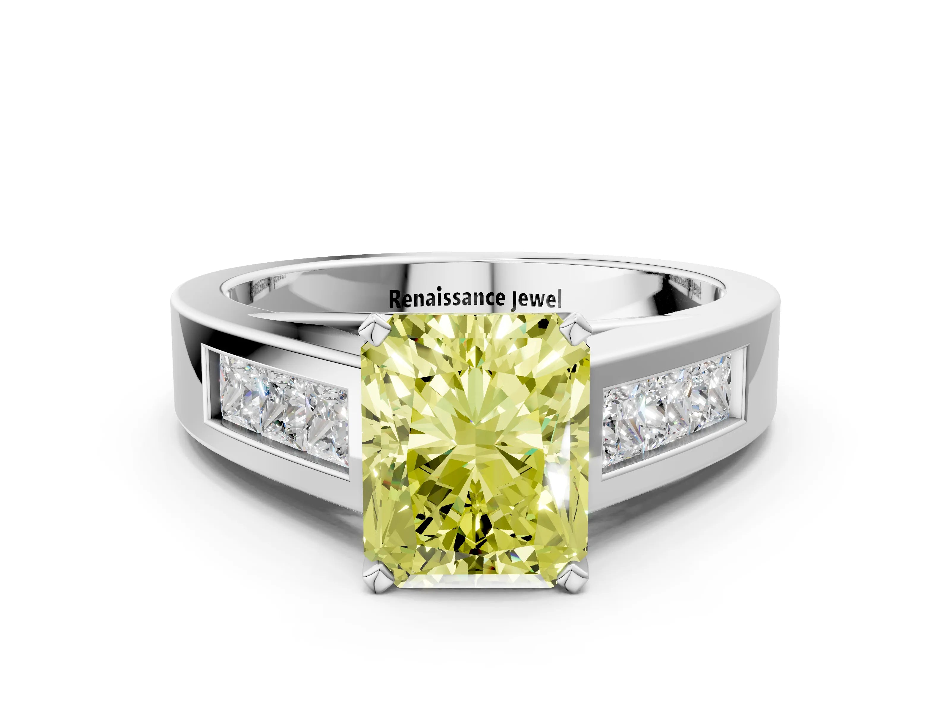 White gold Fancy Yellow Radiant Cut Cut Channel Set Solitaire Ring with Four-Prong Setting_12