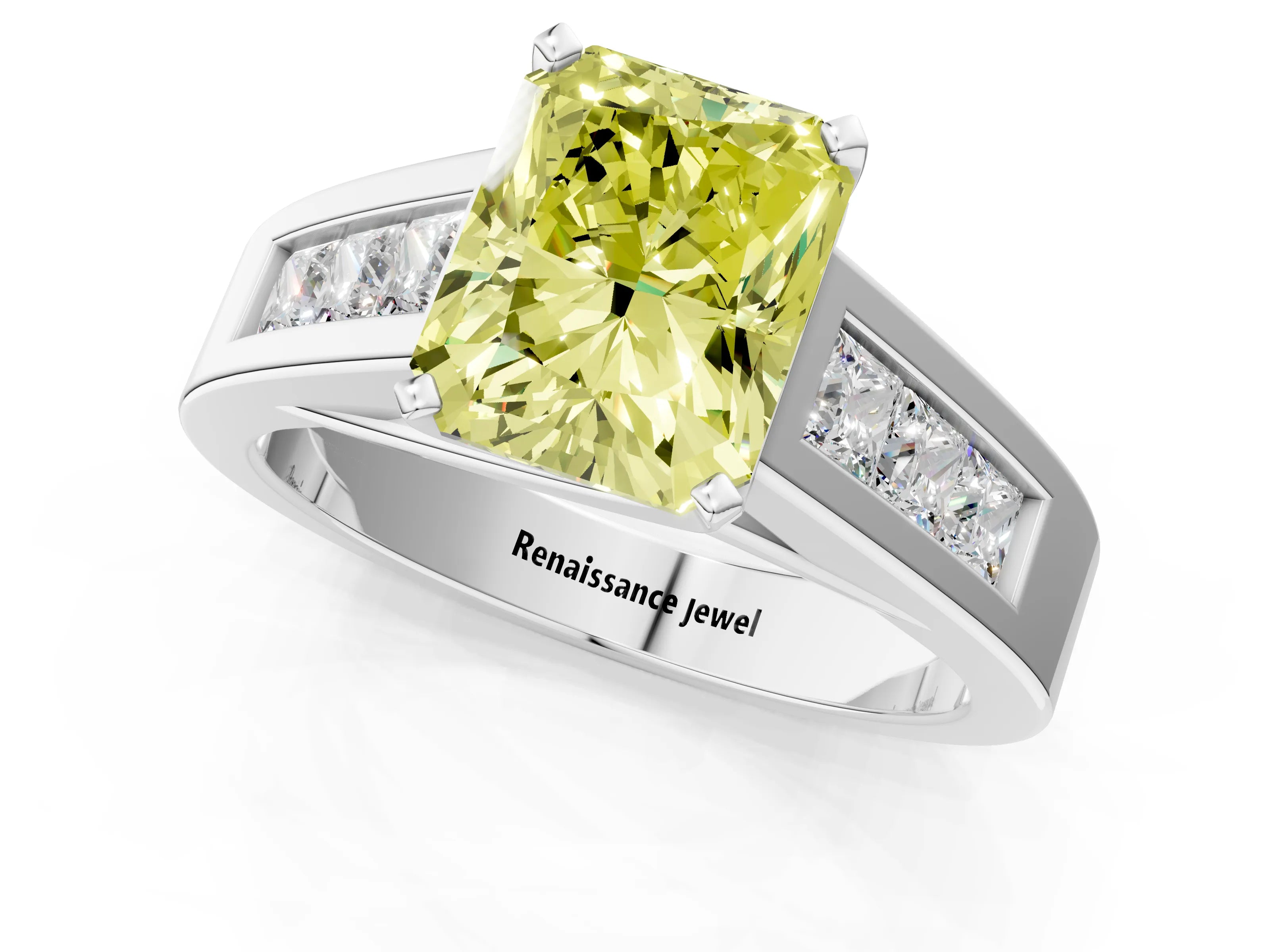 White gold Fancy Yellow Radiant Cut Cut Channel Set Solitaire Ring with Four-Prong Setting_13