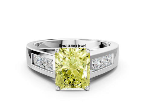 White gold Fancy Yellow Radiant Cut Cut Channel Set Solitaire Ring with Four-Prong Setting