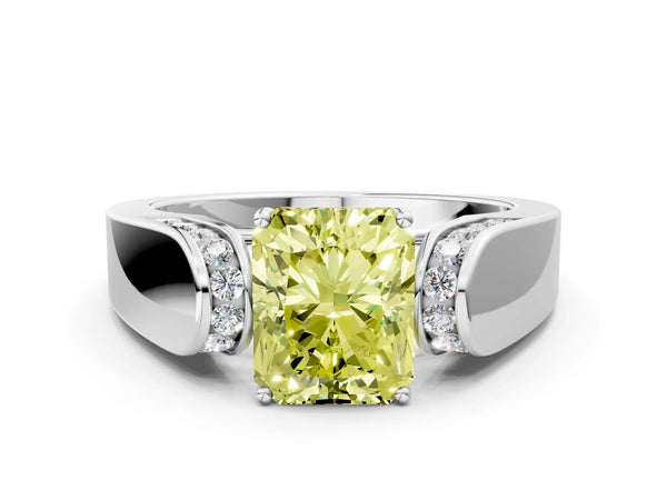 Platinum Fancy Yellow Radiant Cut Cut Diamond Channel Set Solitaire Ring with Four-Prong Setting
