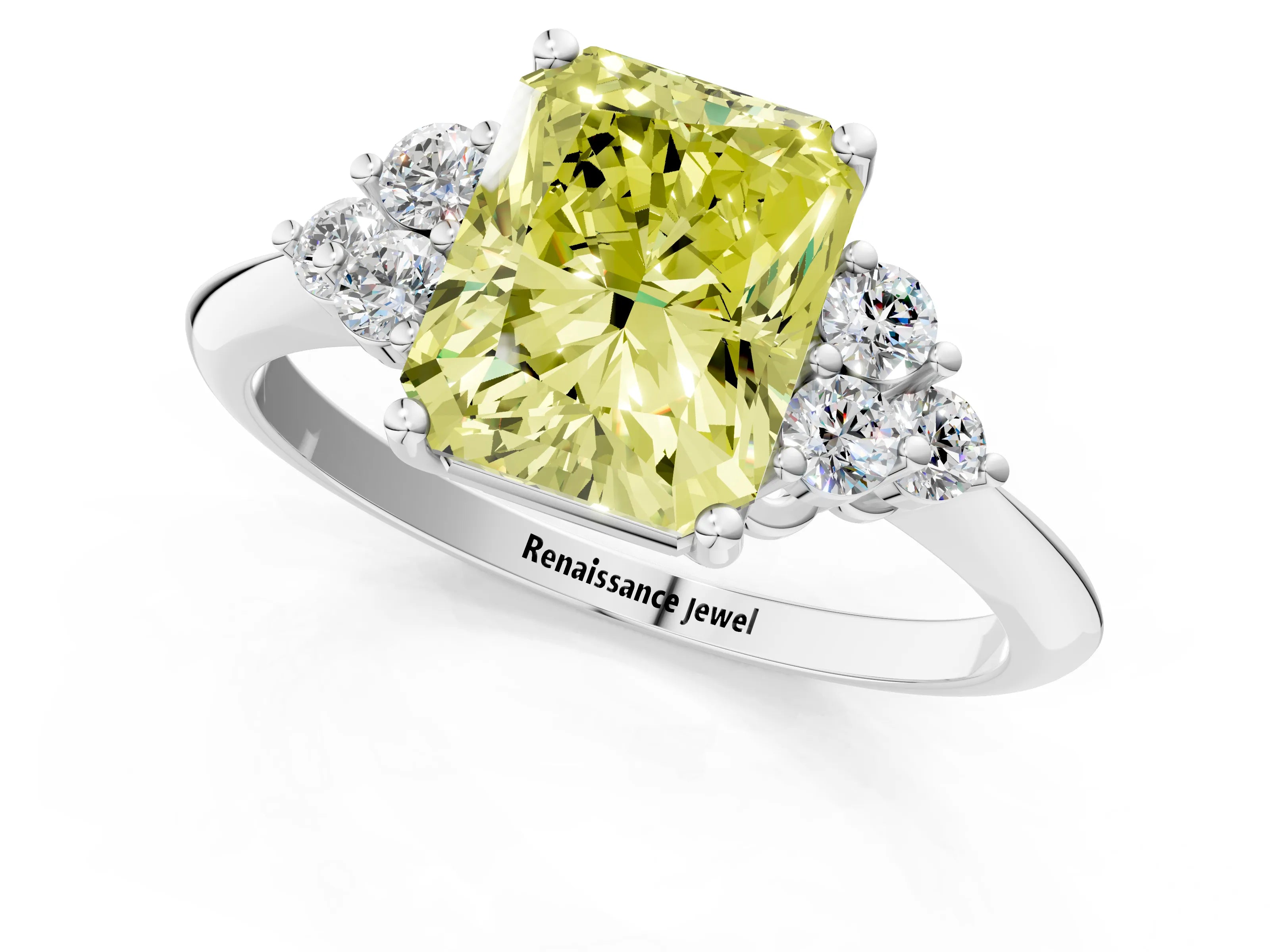 White gold Fancy Yellow Radiant Cut Cut Diamond Cluster Ring with Solitaire Band and Four-Prong Setting_1