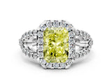 White gold Fancy Yellow Radiant Cut Cut Diamond Halo Engagement Ring with Open Split Pavé Band