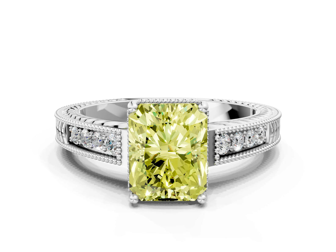 White gold Fancy Yellow Radiant Cut Cut Diamond Milgrain Pave Band Four-Prong Setting Ring_15
