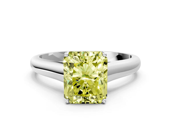White gold Fancy Yellow Radiant Cut Cut Diamond Solitaire Engagement Ring with Tapered Plain Band and Four-Prong Setting