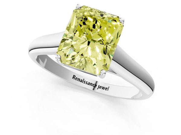 White gold Fancy Yellow Radiant Cut Cut Diamond Solitaire Engagement Ring with Tapered Plain Band and Four-Prong Setting