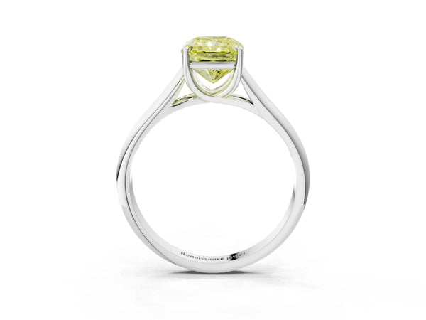 White gold Fancy Yellow Radiant Cut Cut Diamond Solitaire Engagement Ring with Tapered Plain Band and Four-Prong Setting
