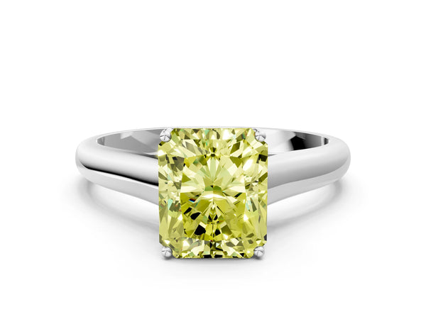 White gold Fancy Yellow Radiant Cut Cut Diamond Solitaire Engagement Ring with Tapered Plain Band and Four-Prong Setting