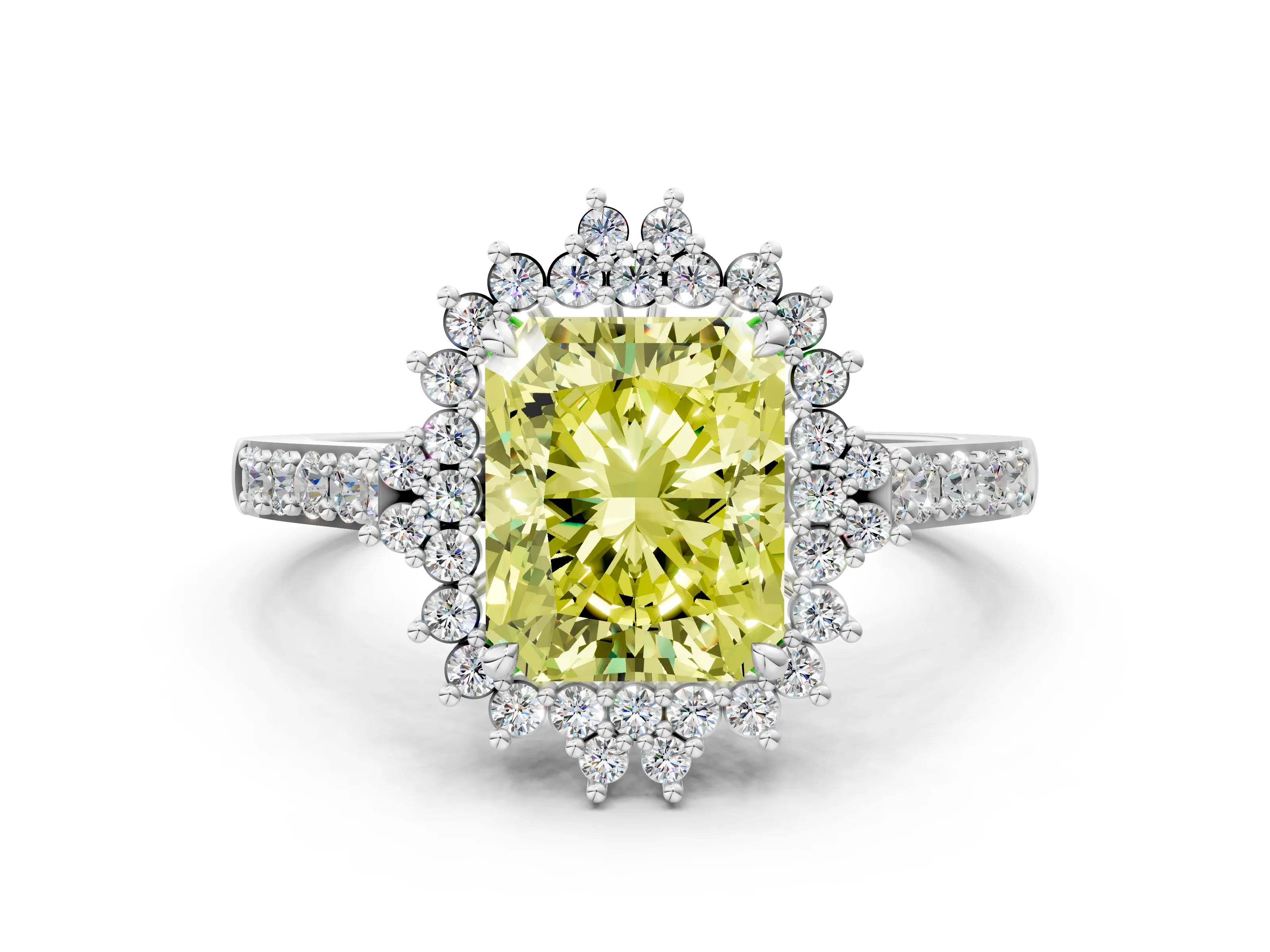 White gold Fancy Yellow Radiant Cut Cut Diamond Sunburst Halo Engagement Ring with Pavé Band