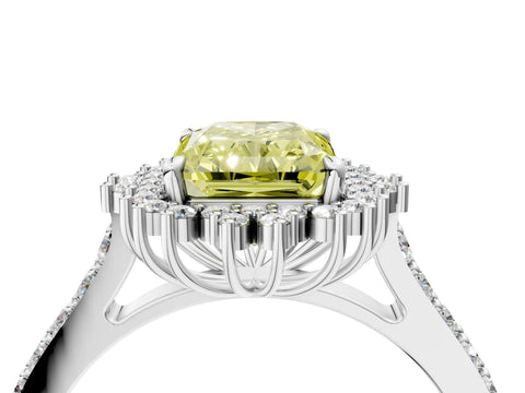 White gold Fancy Yellow Radiant Cut Cut Diamond Sunburst Halo Engagement Ring with Pavé Band_11