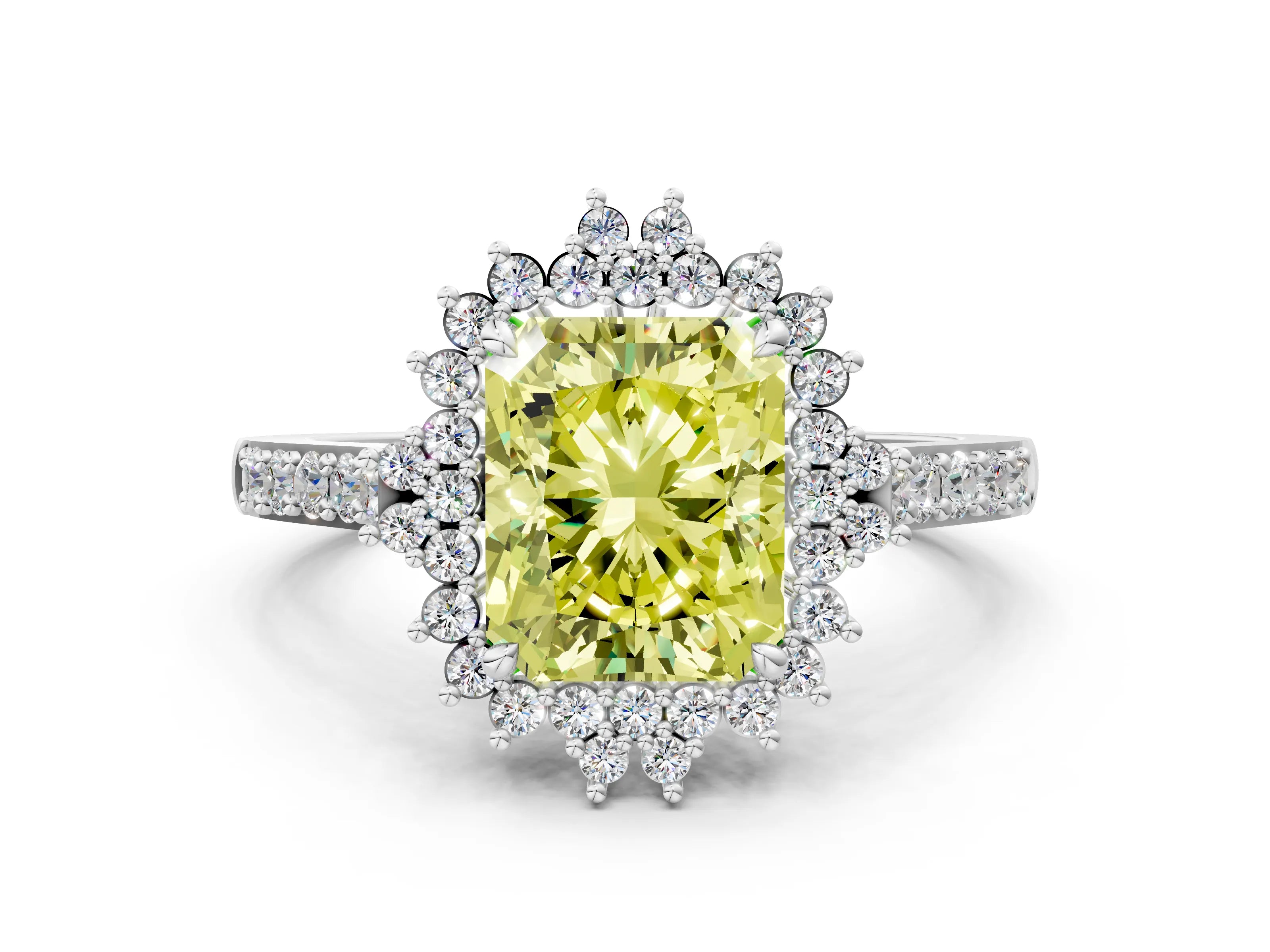 White gold Fancy Yellow Radiant Cut Cut Diamond Sunburst Halo Engagement Ring with Pavé Band_12