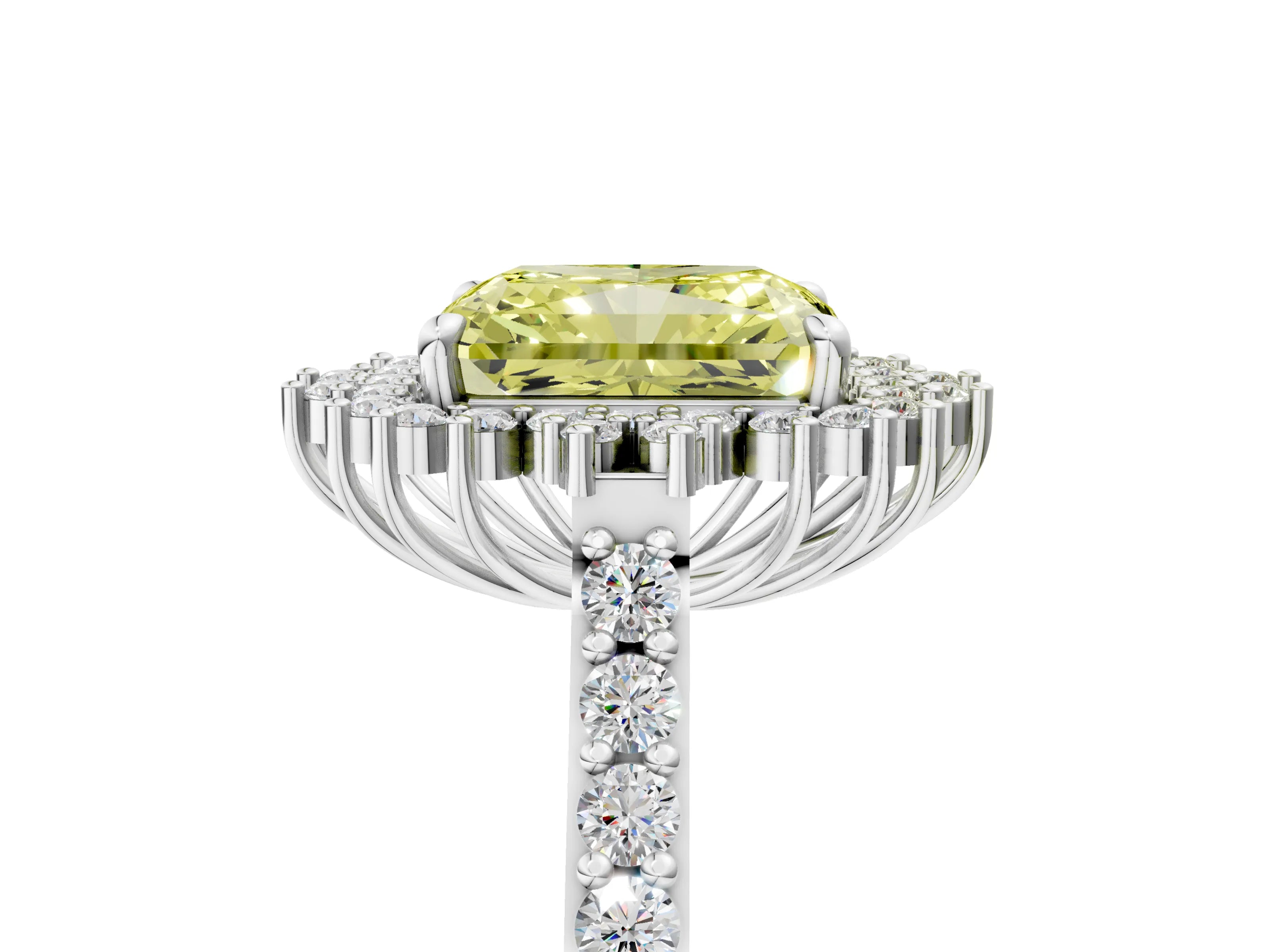 White gold Fancy Yellow Radiant Cut Cut Diamond Sunburst Halo Engagement Ring with Pavé Band_12