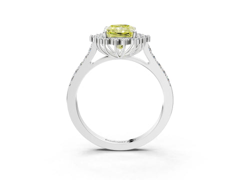 White gold Fancy Yellow Radiant Cut Cut Diamond Sunburst Halo Engagement Ring with Pavé Band_15