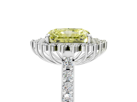 White gold Fancy Yellow Radiant Cut Cut Diamond Sunburst Halo Engagement Ring with Pavé Band_17