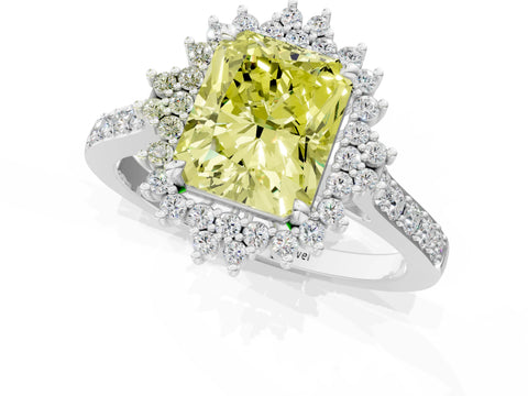 White gold Fancy Yellow Radiant Cut Cut Diamond Sunburst Halo Engagement Ring with Pavé Band_1
