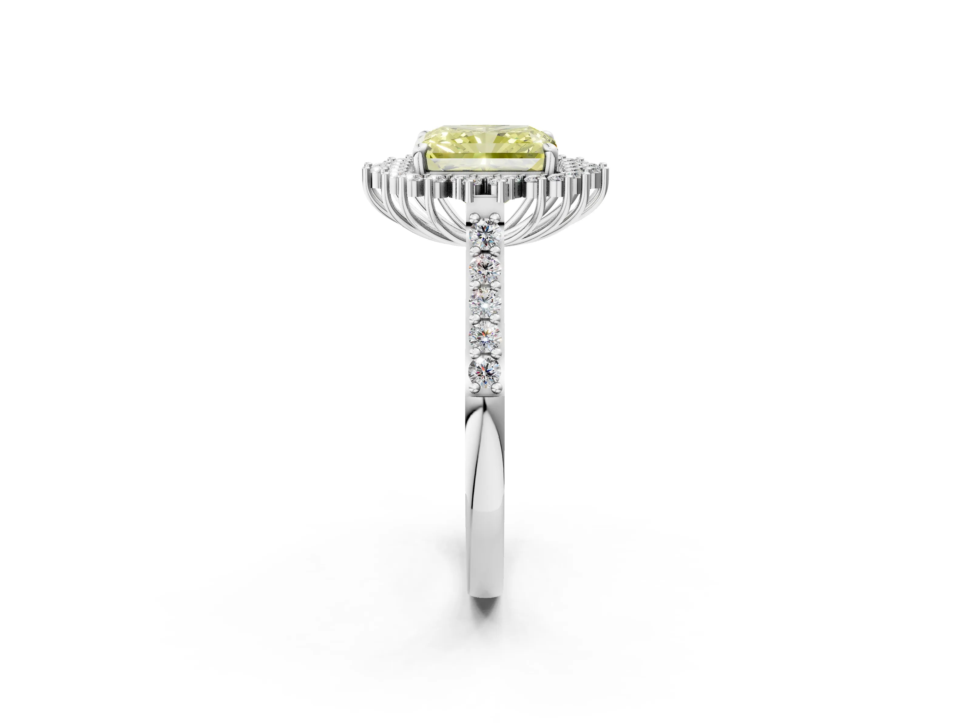 White gold Fancy Yellow Radiant Cut Cut Diamond Sunburst Halo Engagement Ring with Pavé Band_26