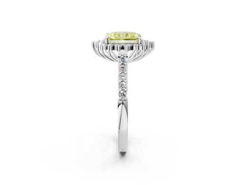 White gold Fancy Yellow Radiant Cut Cut Diamond Sunburst Halo Engagement Ring with Pavé Band_26