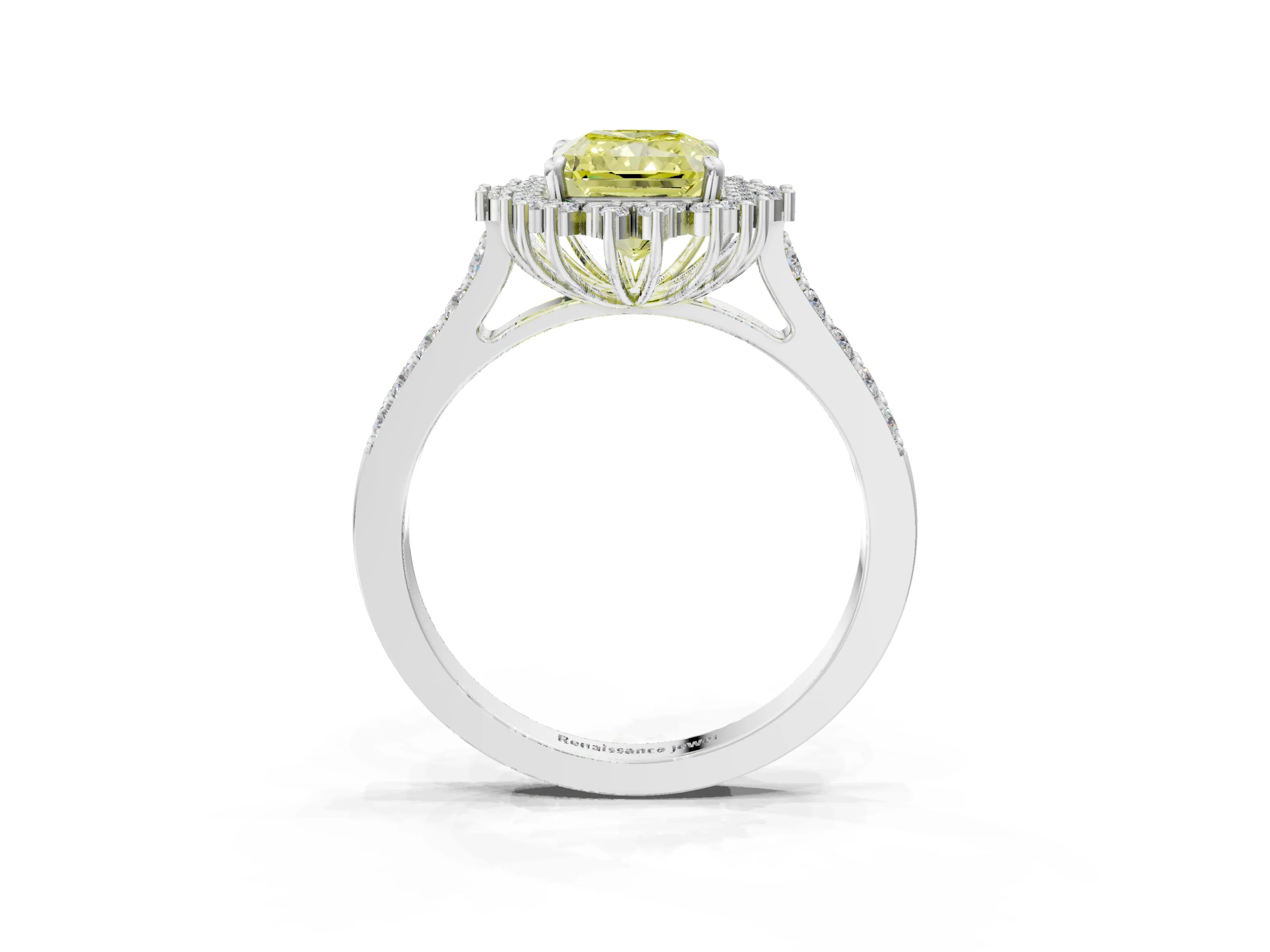 White gold Fancy Yellow Radiant Cut Cut Diamond Sunburst Halo Engagement Ring with Pavé Band_27