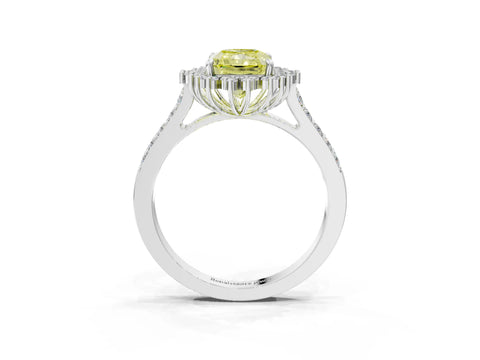 White gold Fancy Yellow Radiant Cut Cut Diamond Sunburst Halo Engagement Ring with Pavé Band_27