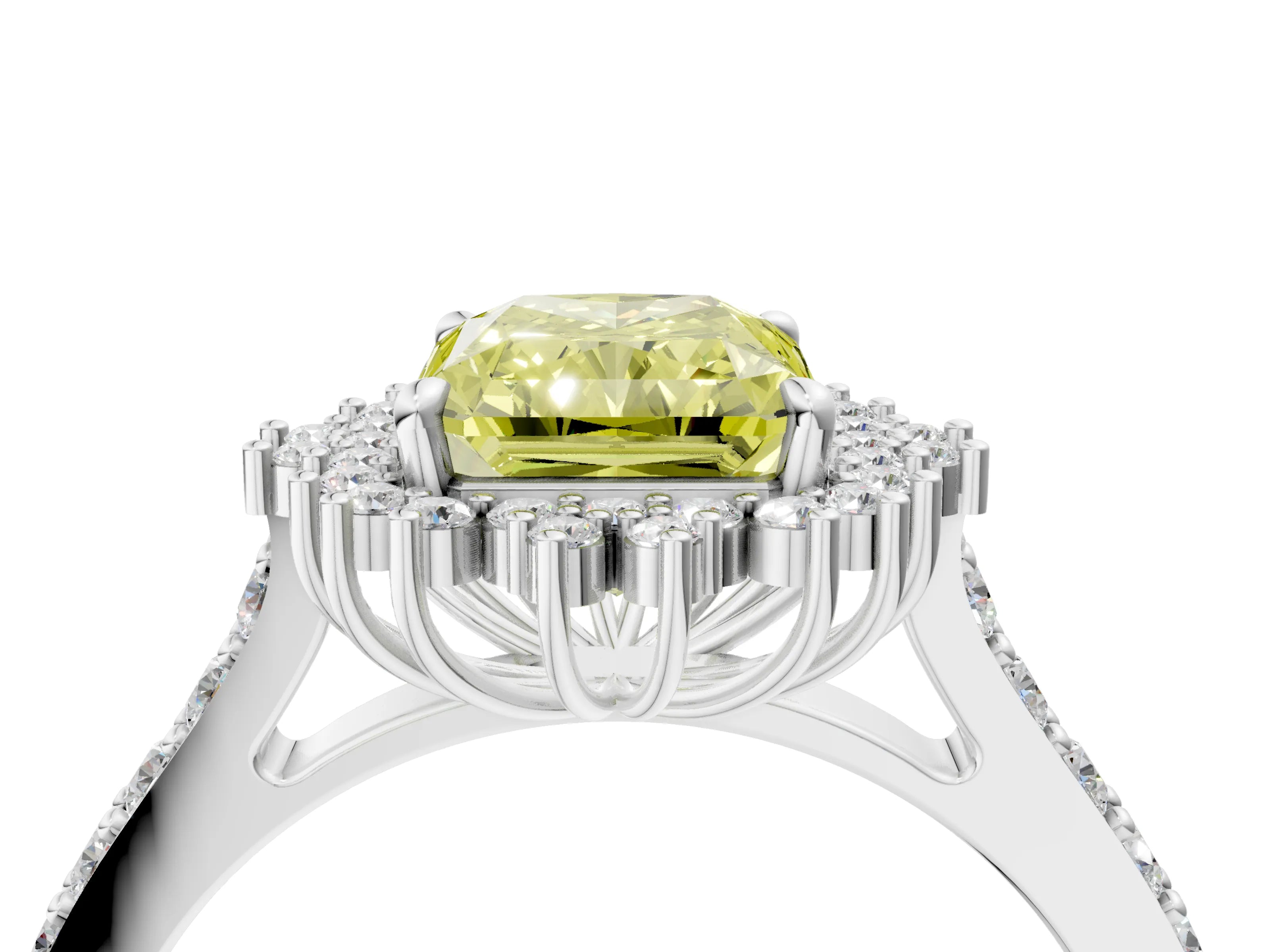 White gold Fancy Yellow Radiant Cut Cut Diamond Sunburst Halo Engagement Ring with Pavé Band_28