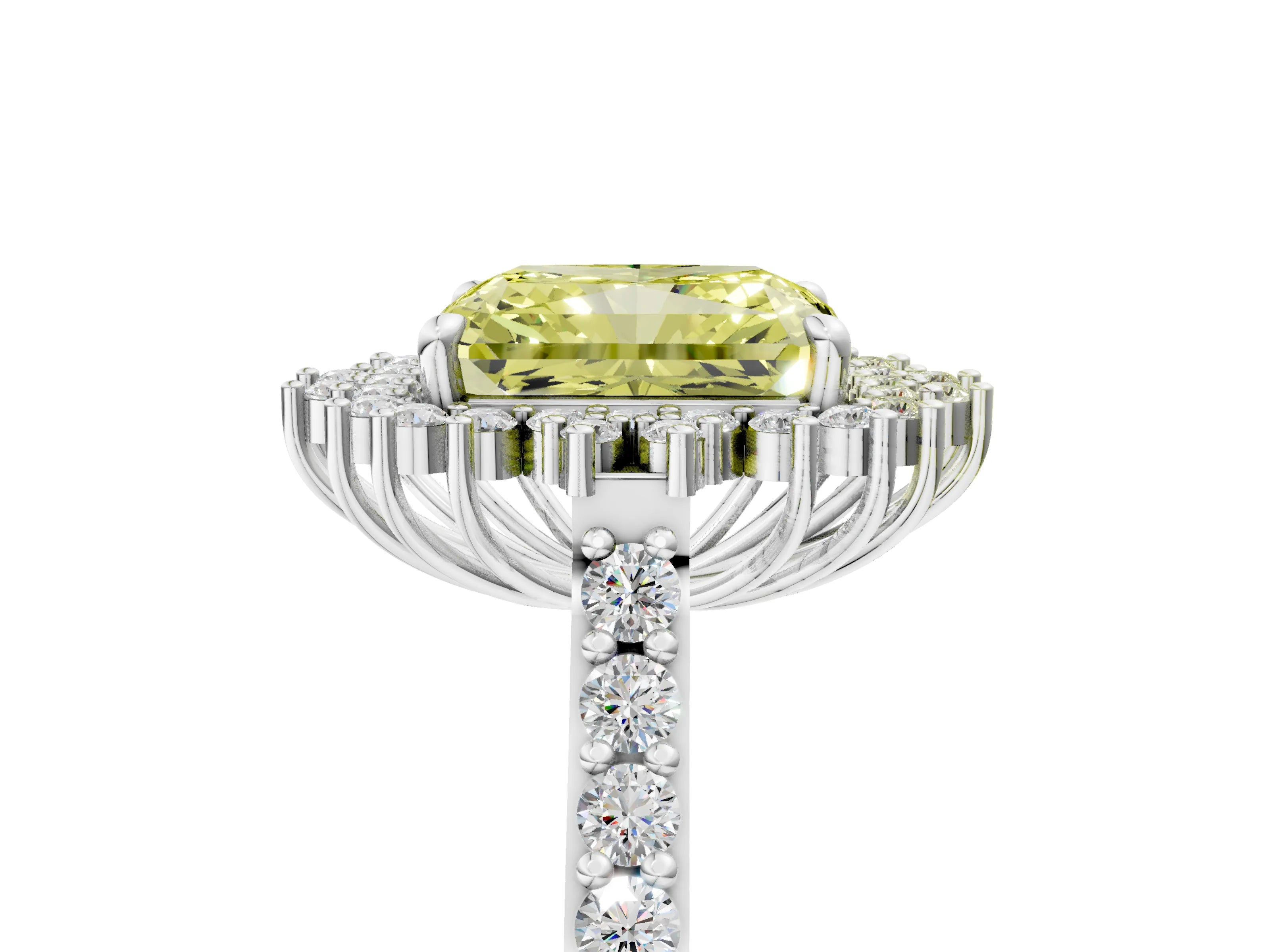 White gold Fancy Yellow Radiant Cut Cut Diamond Sunburst Halo Engagement Ring with Pavé Band_29