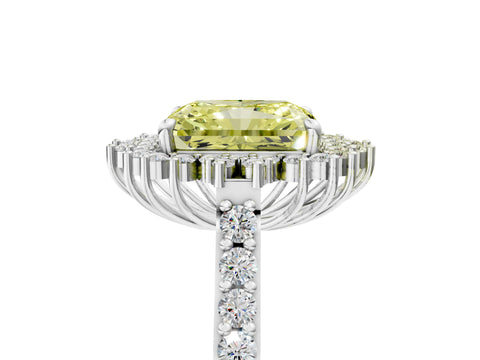 White gold Fancy Yellow Radiant Cut Cut Diamond Sunburst Halo Engagement Ring with Pavé Band_29