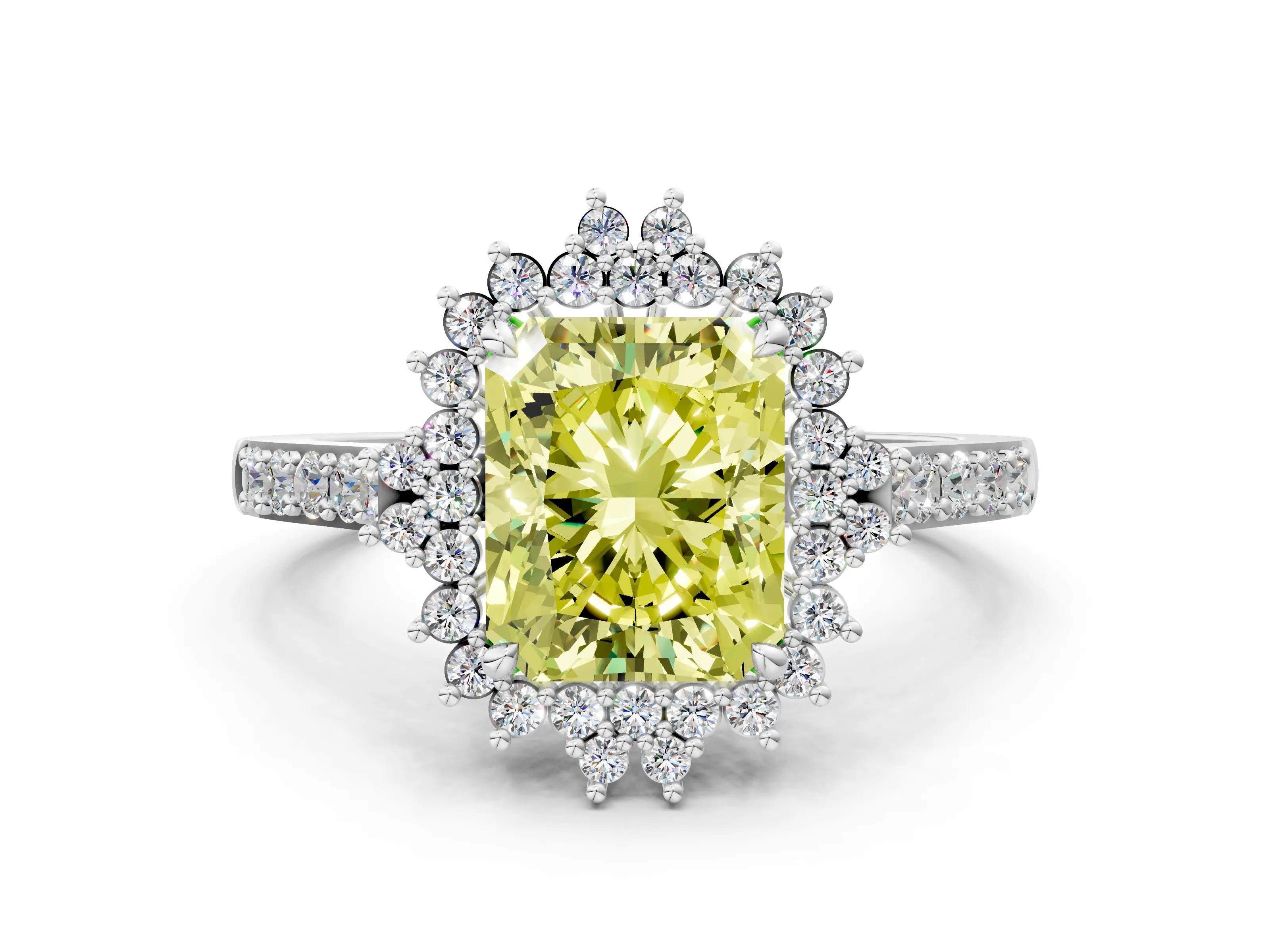 White gold Fancy Yellow Radiant Cut Cut Diamond Sunburst Halo Engagement Ring with Pavé Band_31