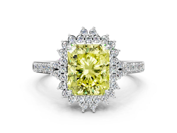 White gold Fancy Yellow Radiant Cut Cut Diamond Sunburst Halo Engagement Ring with Pavé Band