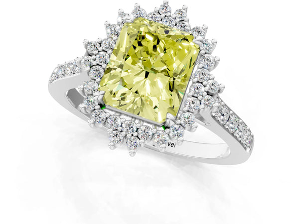 White gold Fancy Yellow Radiant Cut Cut Diamond Sunburst Halo Engagement Ring with Pavé Band