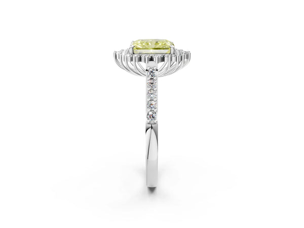 White gold Fancy Yellow Radiant Cut Cut Diamond Sunburst Halo Engagement Ring with Pavé Band