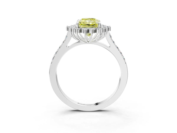 White gold Fancy Yellow Radiant Cut Cut Diamond Sunburst Halo Engagement Ring with Pavé Band