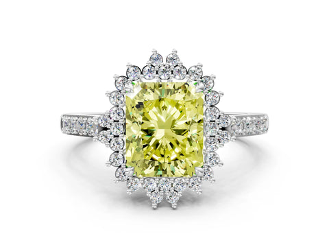 White gold Fancy Yellow Radiant Cut Cut Diamond Sunburst Halo Engagement Ring with Pavé Band_36