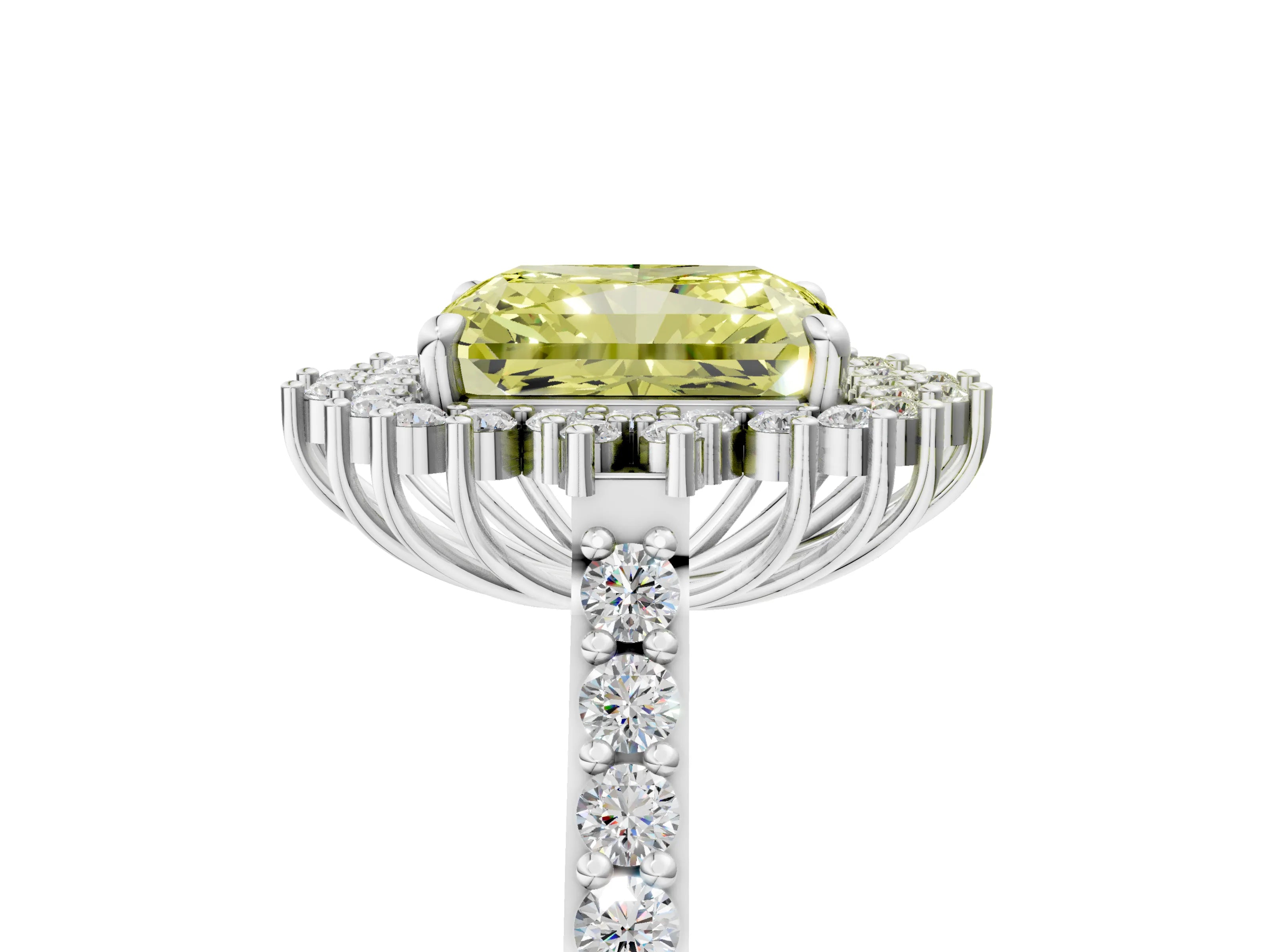 White gold Fancy Yellow Radiant Cut Cut Diamond Sunburst Halo Engagement Ring with Pavé Band_41