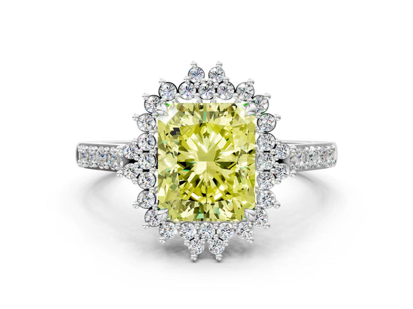 White gold Fancy Yellow Radiant Cut Cut Diamond Sunburst Halo Engagement Ring with Pavé Band