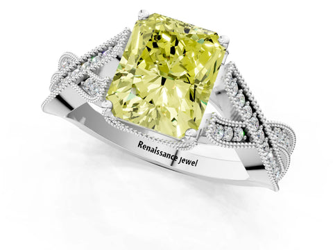 White gold Fancy Yellow Radiant Cut Cut Diamond Twisted Band with Milgrain Pave Setting and Four-Prong Setting_1