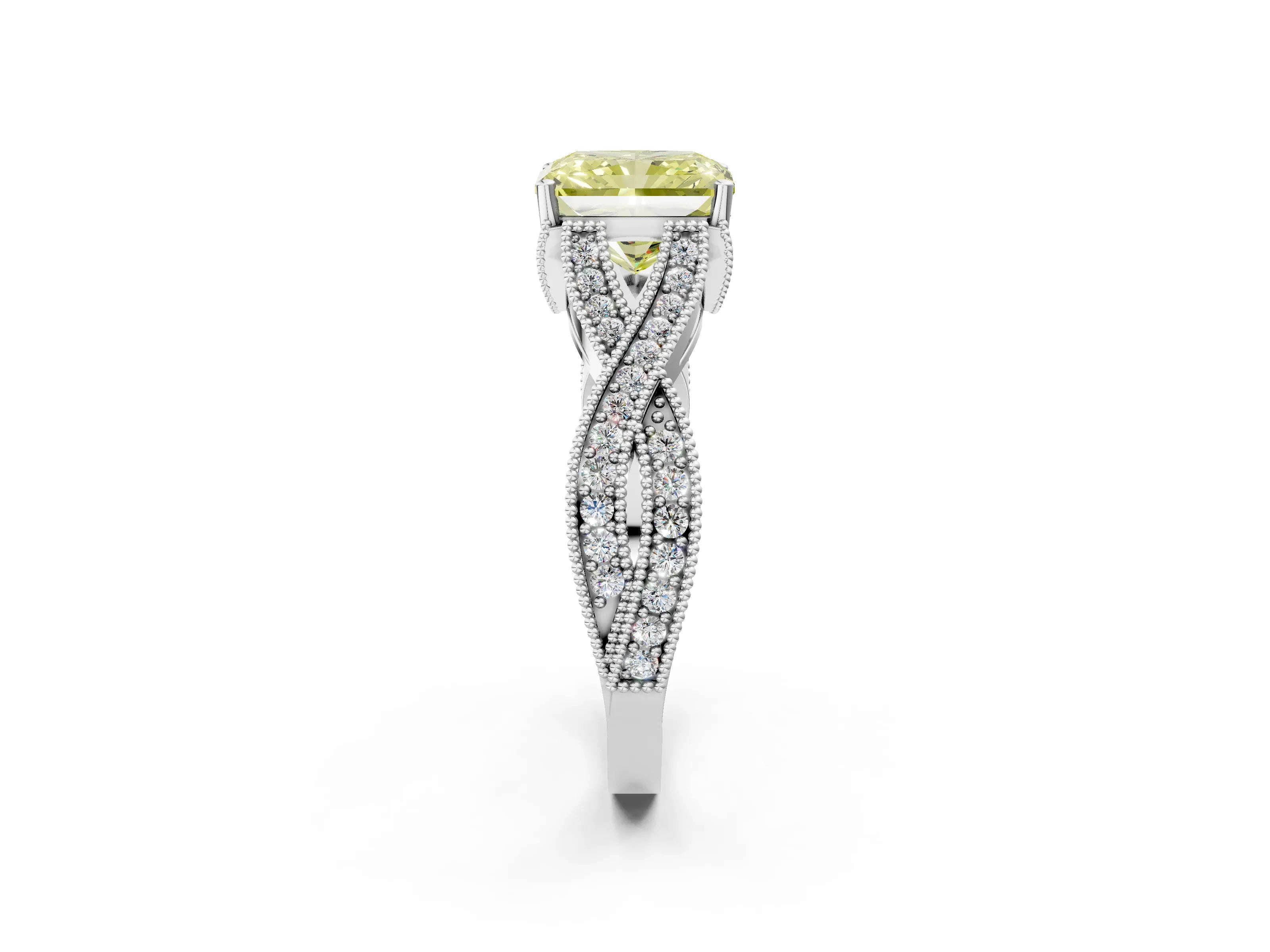 White gold Fancy Yellow Radiant Cut Cut Diamond Twisted Band with Milgrain Pave Setting and Four-Prong Setting_2