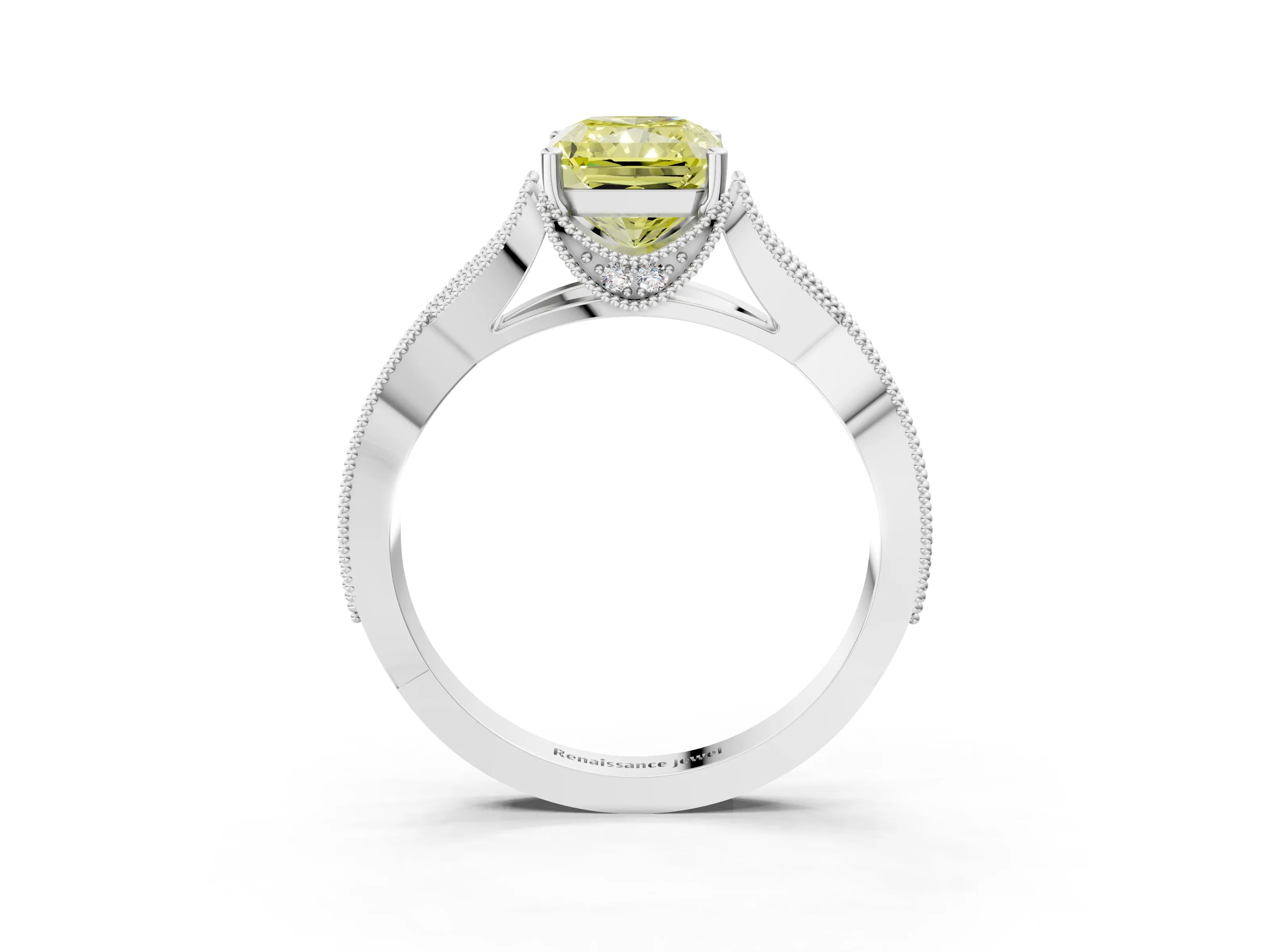 White gold Fancy Yellow Radiant Cut Cut Diamond Twisted Band with Milgrain Pave Setting and Four-Prong Setting_3