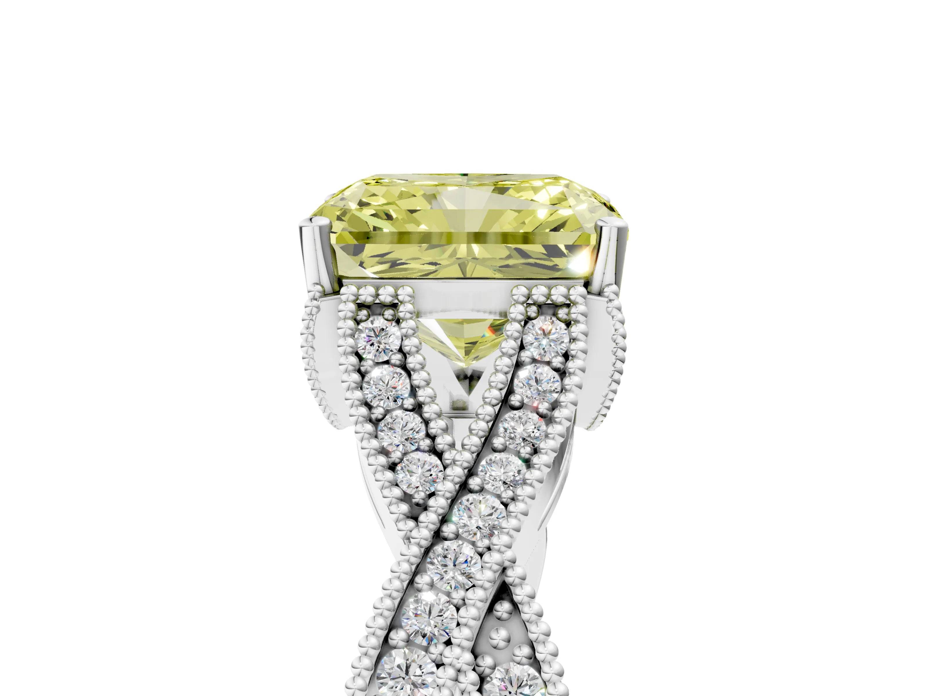 White gold Fancy Yellow Radiant Cut Cut Diamond Twisted Band with Milgrain Pave Setting and Four-Prong Setting_5