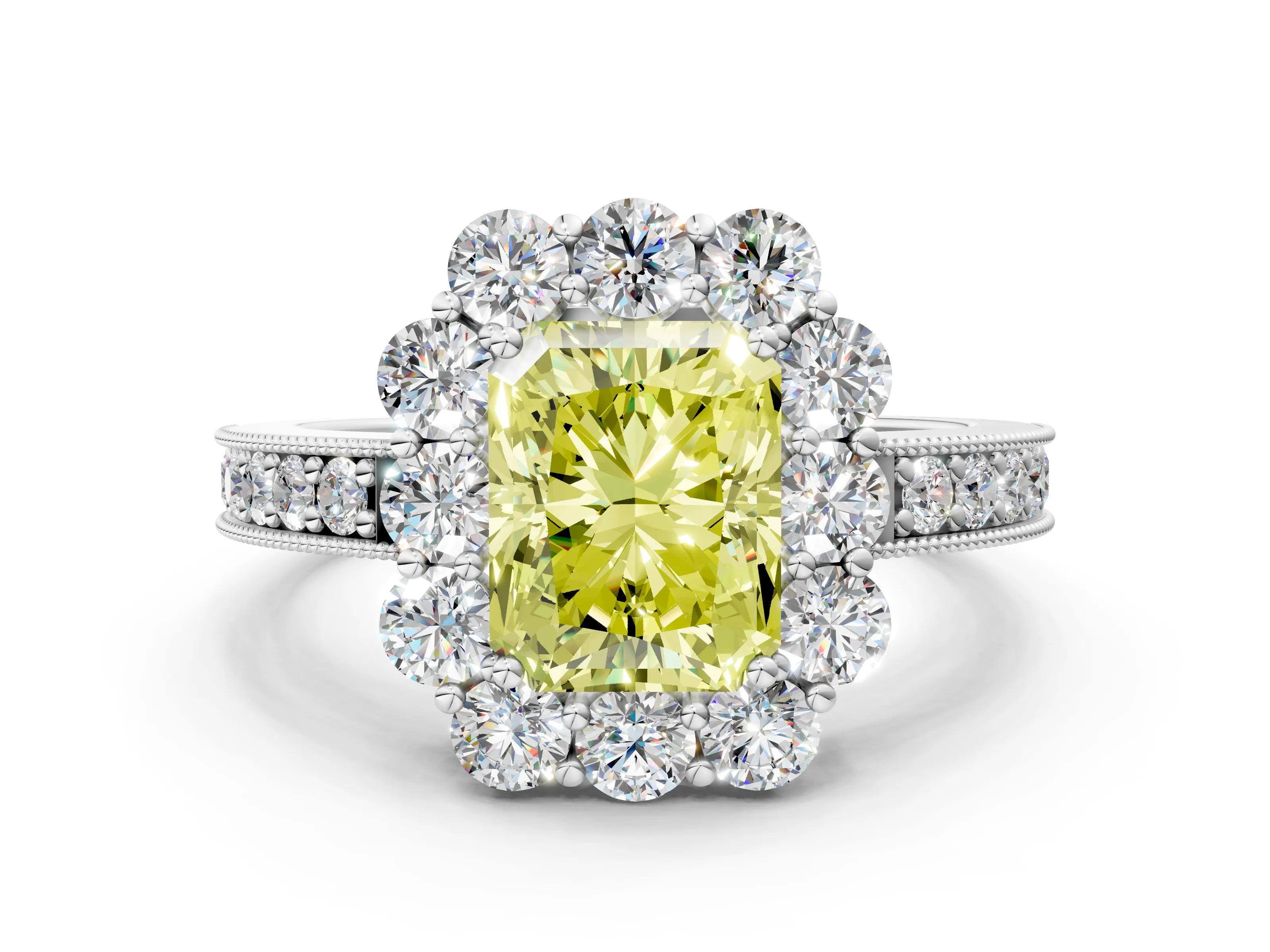 White gold Fancy Yellow Radiant Cut Cut Halo Diamond Pavé Engagement Ring with Milgrain Detailing_12