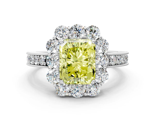 White gold Fancy Yellow Radiant Cut Cut Halo Diamond Pavé Engagement Ring with Milgrain Detailing