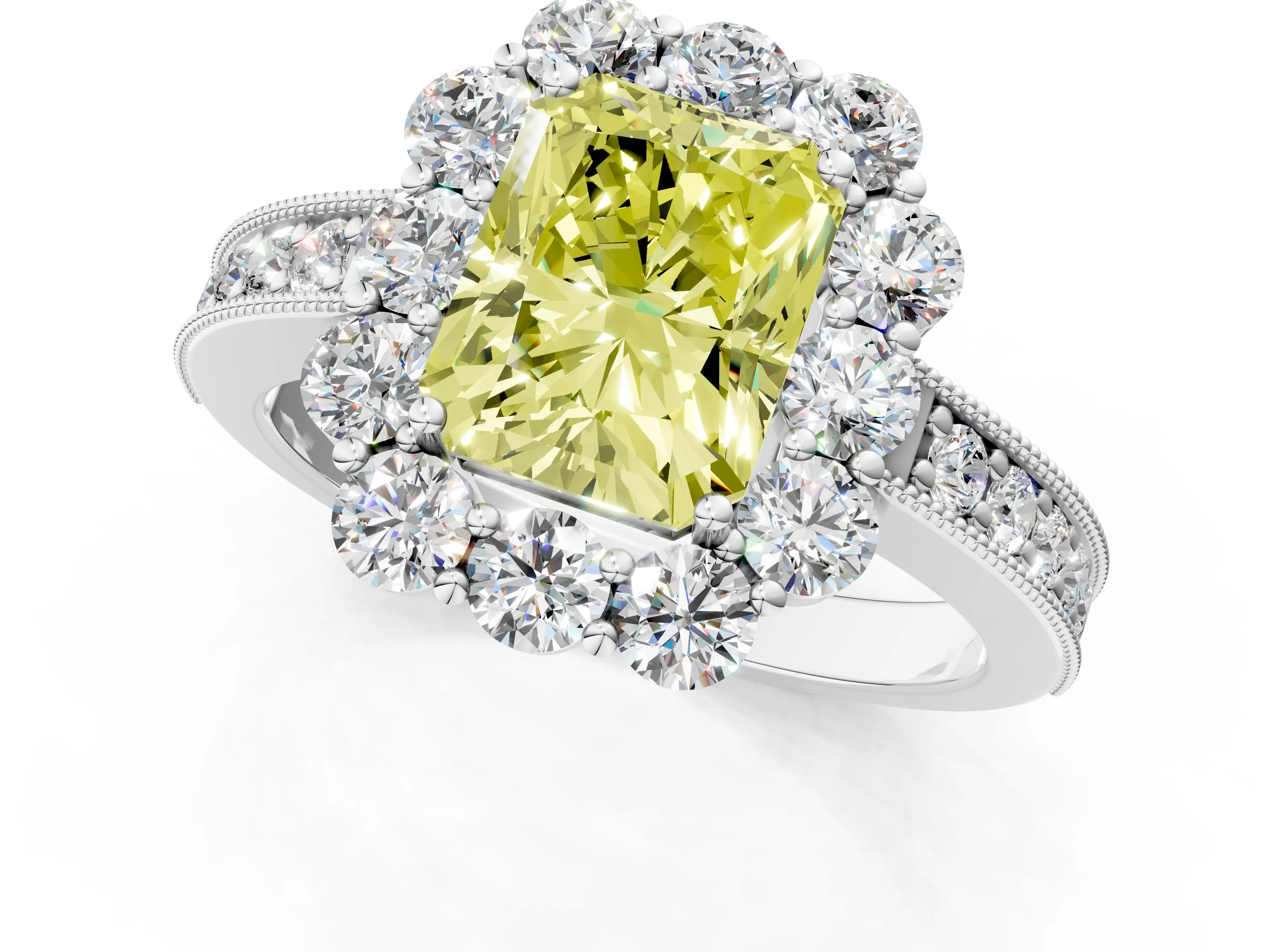 White gold Fancy Yellow Radiant Cut Cut Halo Diamond Pavé Engagement Ring with Milgrain Detailing_13